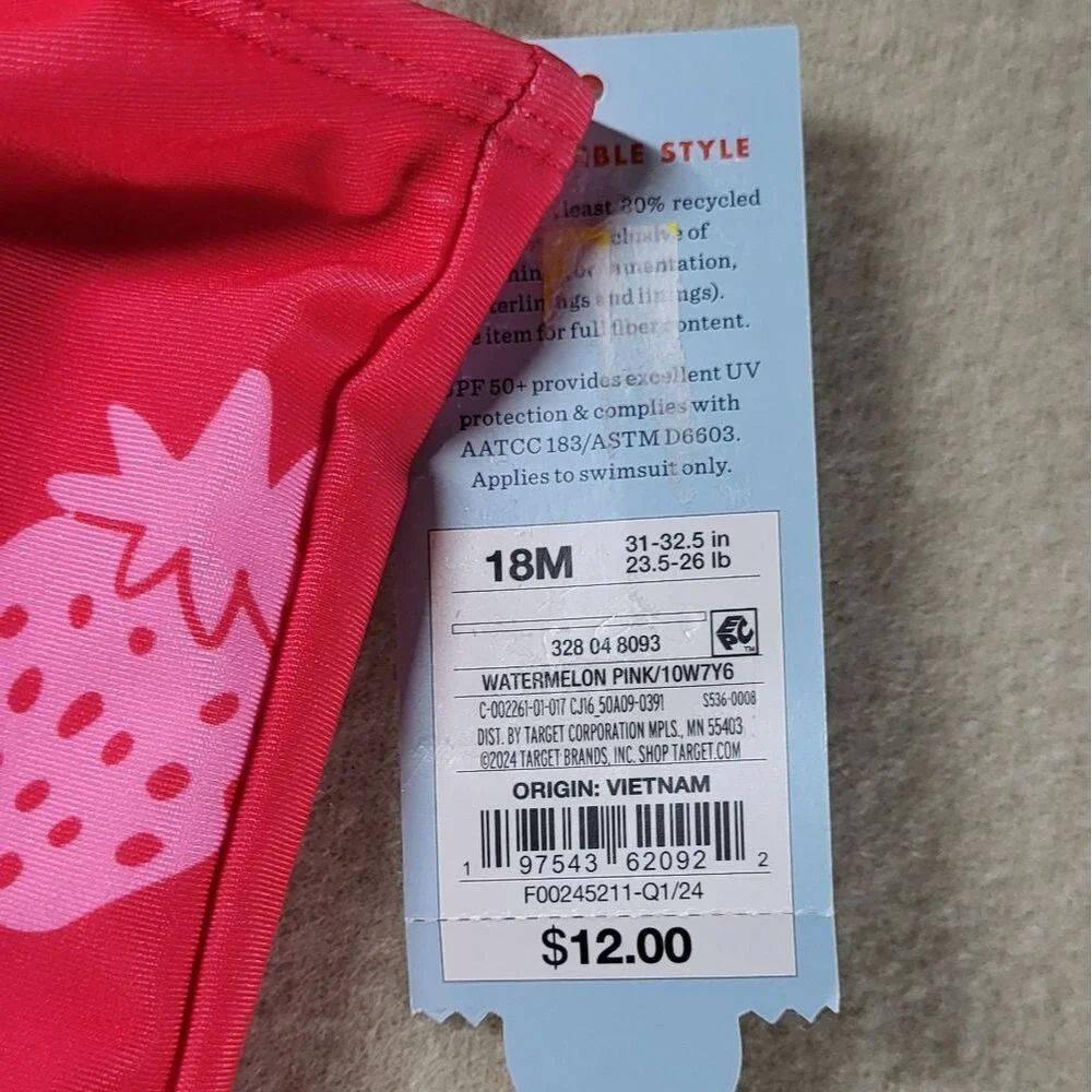 Cat & Jack NWT Baby Girl Pink Strawberry One Shoulder Ruffle Swim Top Sz 18M